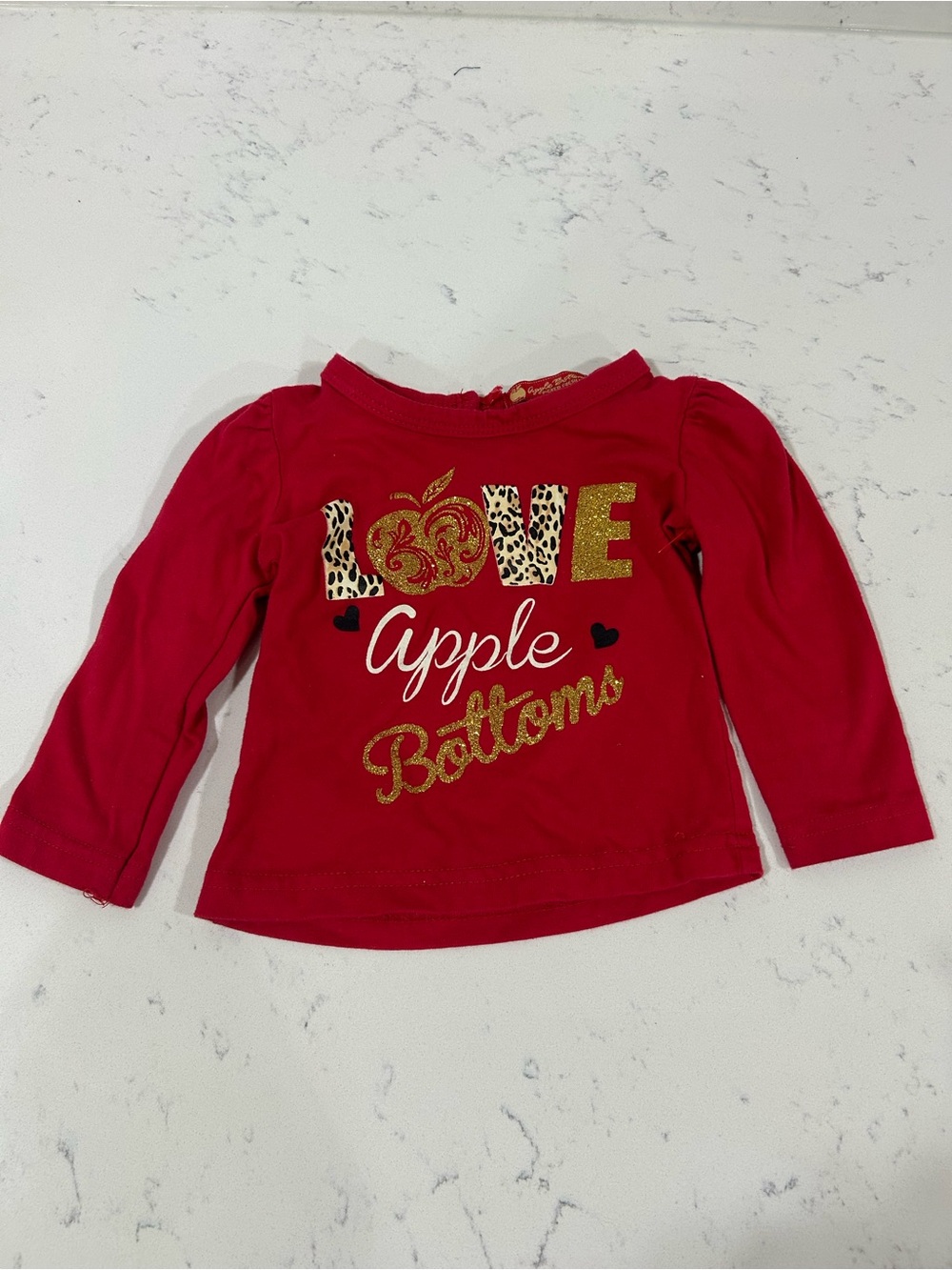 VTG Red Apple Bottoms Long Sleeve Baby Girl Tee with Gold Glitter